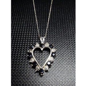 Pure 10k 9k White Gold Natural Midnight Sapphires Heart Pendant Necklace 18"